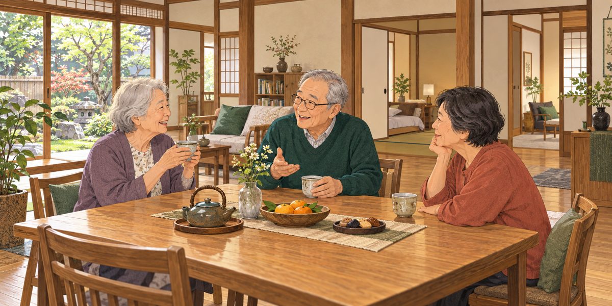 地方の広い家で食卓を囲み会話する高齢者たちの共同生活のイメージ